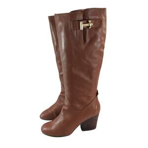 NINE WEST! HAVNTUHERD PECAN BROWN GENUINE LEATHER & GOLD CHUNKY BOOTS! SZ 8M